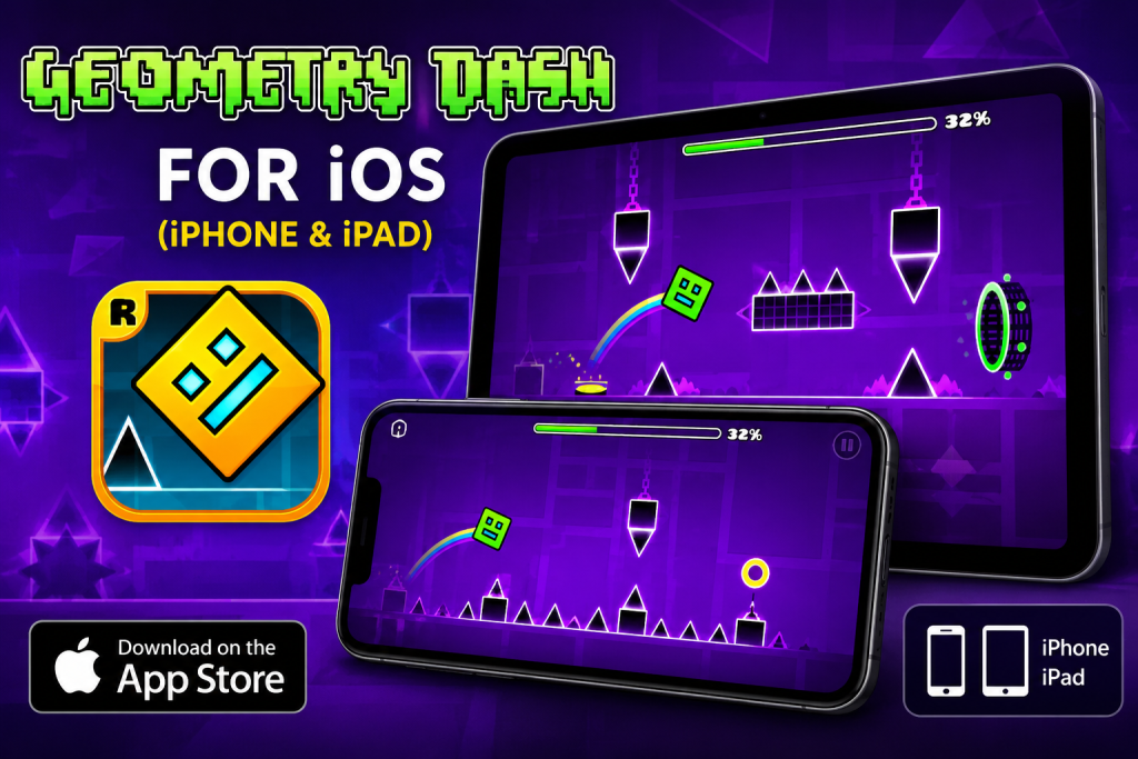 Geometry Dash for iOS on iPhone and iPad with App Store download and fast-paced rhythm platform gameplay.