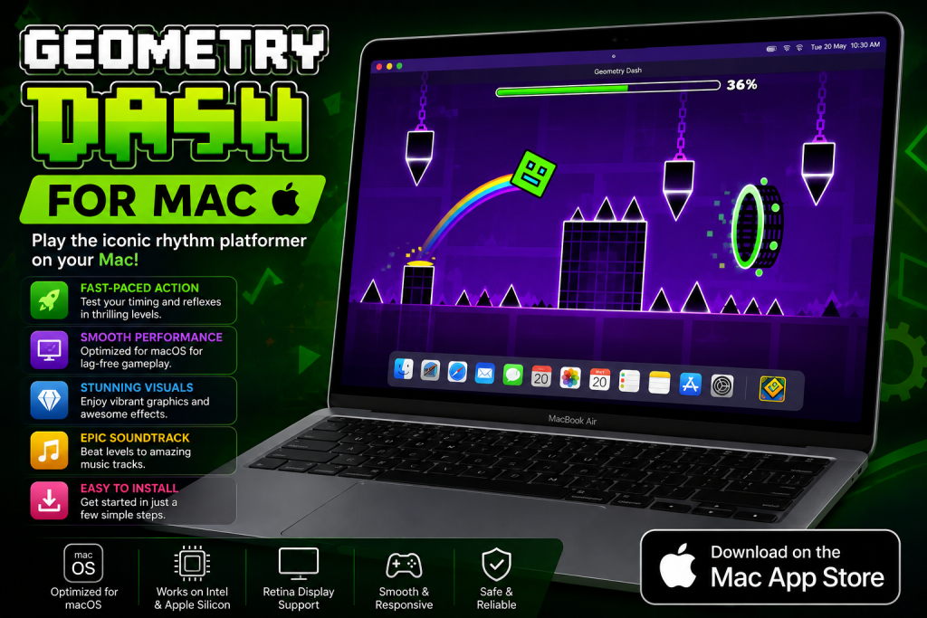 Geometry Dash for Mac displayed on a MacBook with vibrant game graphics and macOS compatibility.